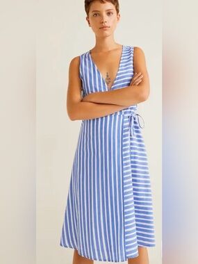 Mango Blue and White Striped Midi Wrap Dress